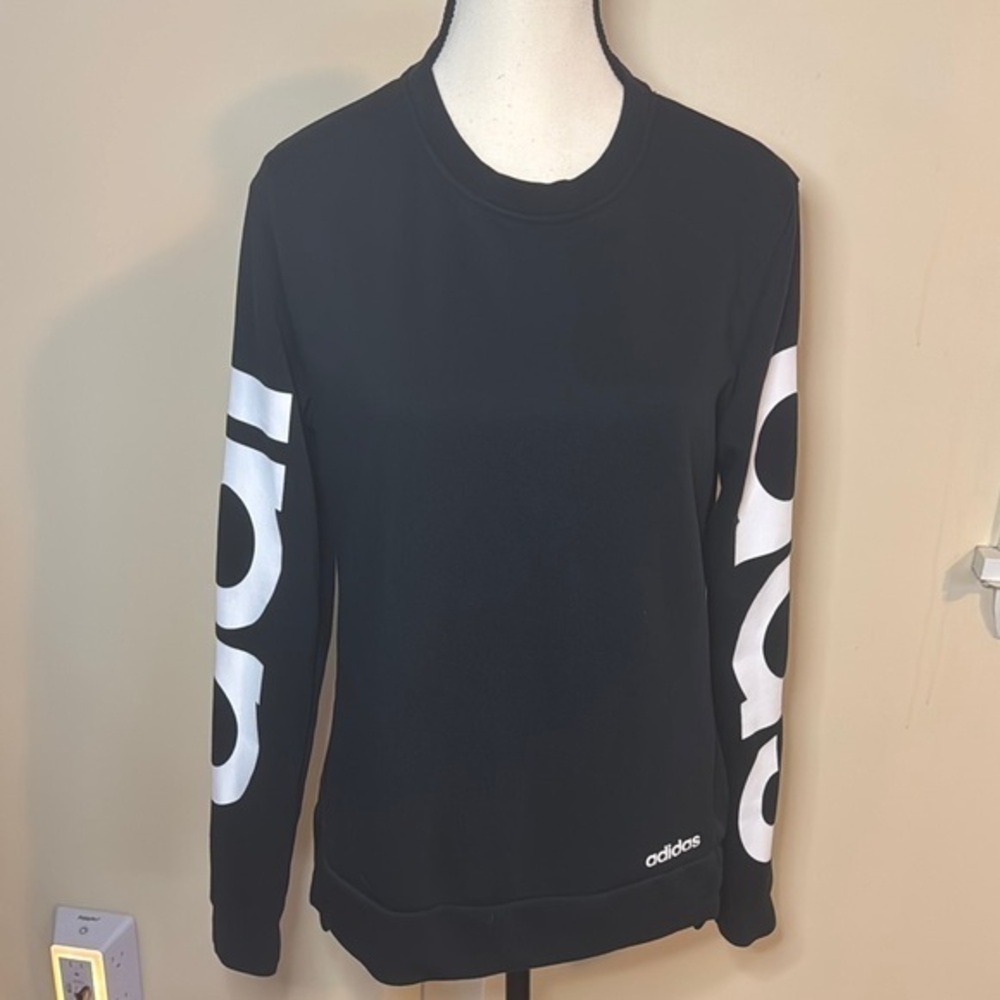 Women’s black adidas long sleeve pull over sweater sleeve‎ logo